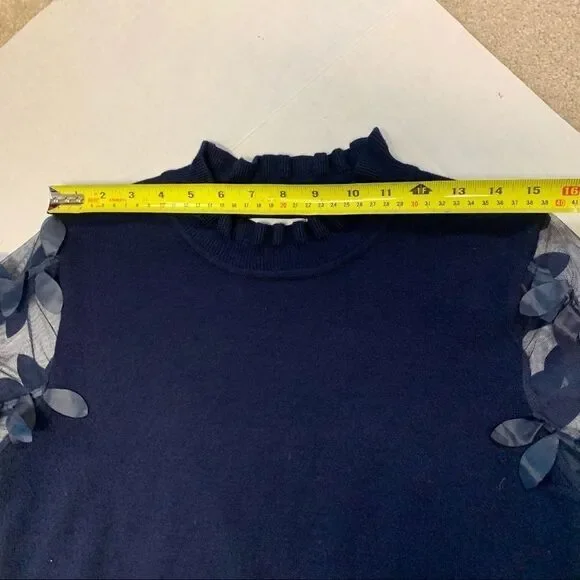 WILD Flower navy Leaf Mesh Sleeves Jumper Sz XS - Picture 10 of 12
